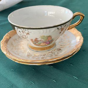 Vtg. 2 cup & saucer Bavaria Germany Gold rim w/Fragonard Limoges Courting Couple